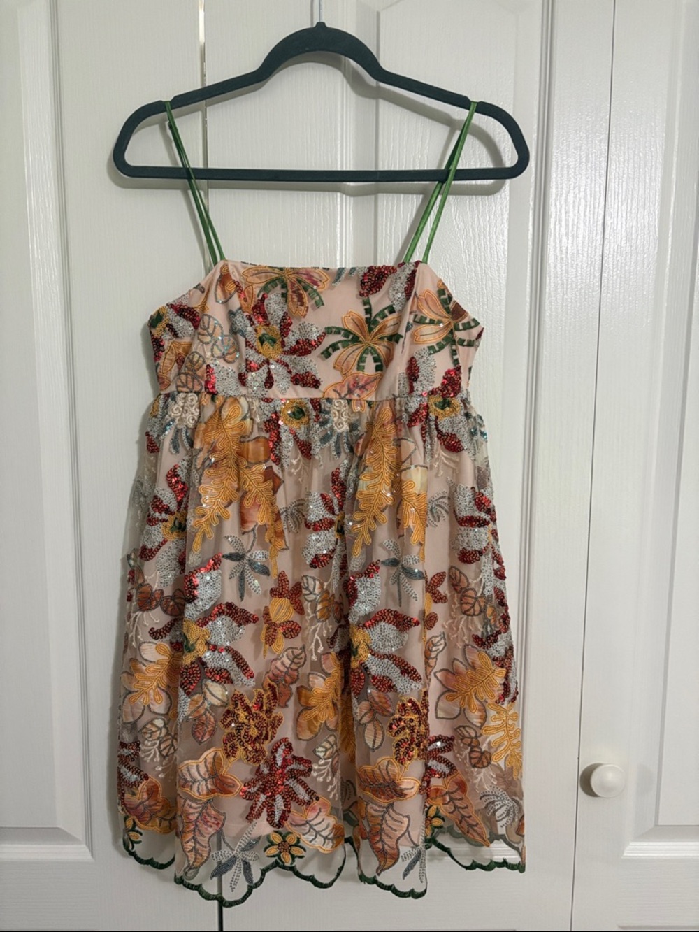 Storia Floral Embroidered Spaghetti Strap Dress in Pink, Green & oranges, size M